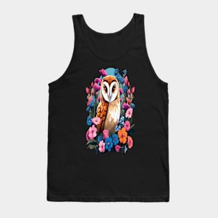 Cute European Barn Owl Surrounded by Bold Vibrant Spring Flowers Tank Top